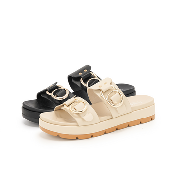 Thick‑soled Gold‑Button Two‑Strap Slides 4585